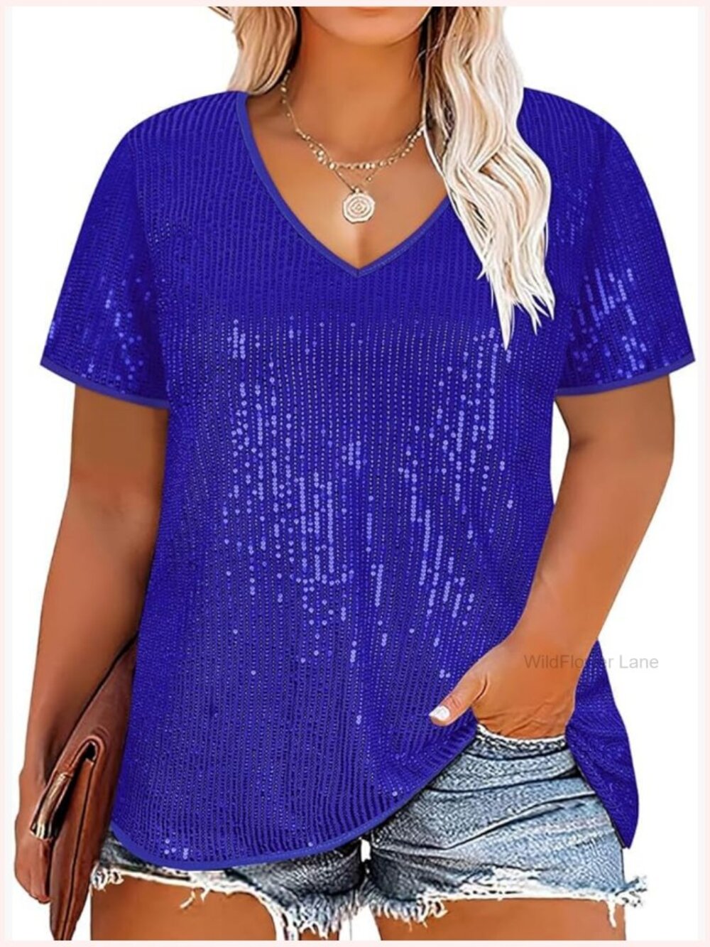 Plus Size Sequin Top Short Sleeve V Neck Party Blouse Tunic Sparkly Glitter